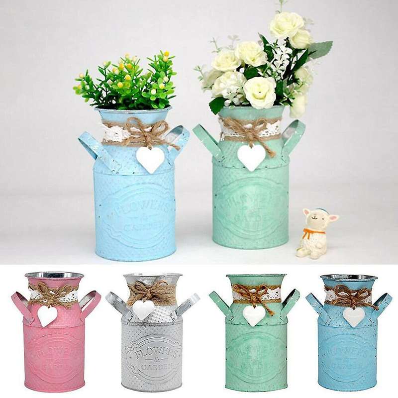 Vintage Shabby Chic Flower Vase Tin Pitcher Jug Metal Wedding Home Decor-Pink