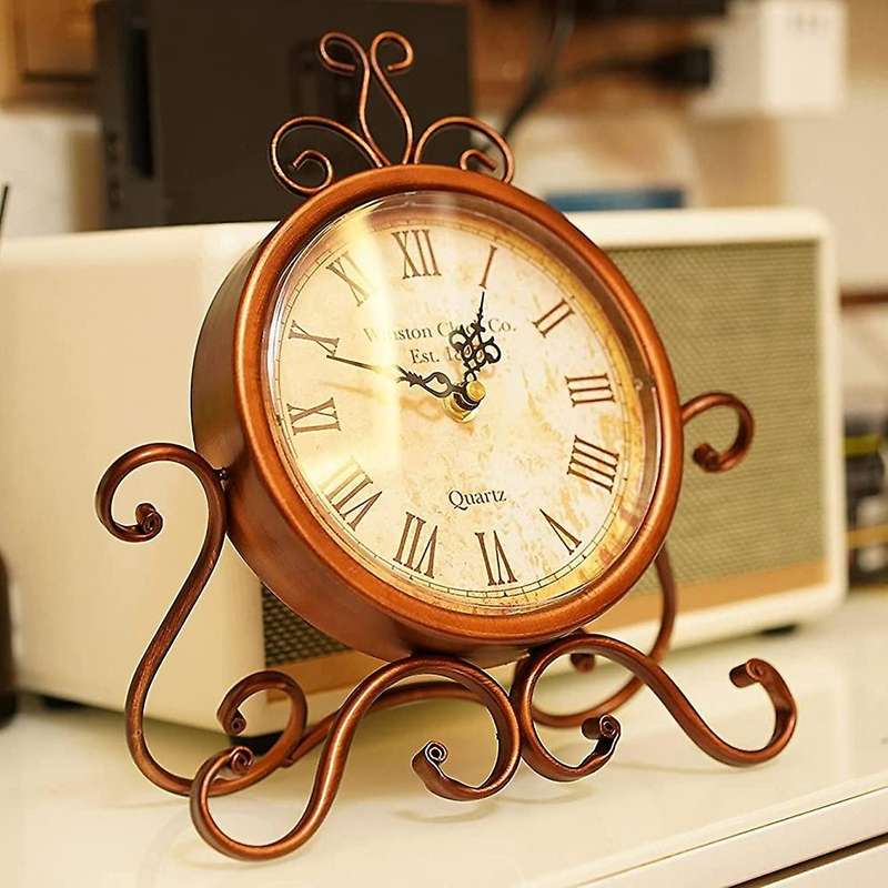 Vintage Table Clock Antique Mantel Clock Battery Operated Non-Ticking Retro Clock Small Desk Clock f
