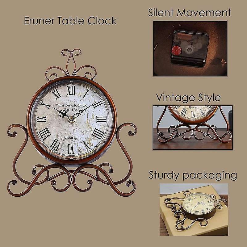 Vintage Table Clock Antique Mantel Clock Battery Operated Non-Ticking Retro Clock Small Desk Clock f