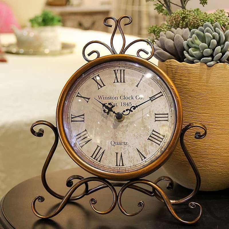 Vintage Table Clock Antique Mantel Clock Battery Operated Non-Ticking Retro Clock Small Desk Clock f