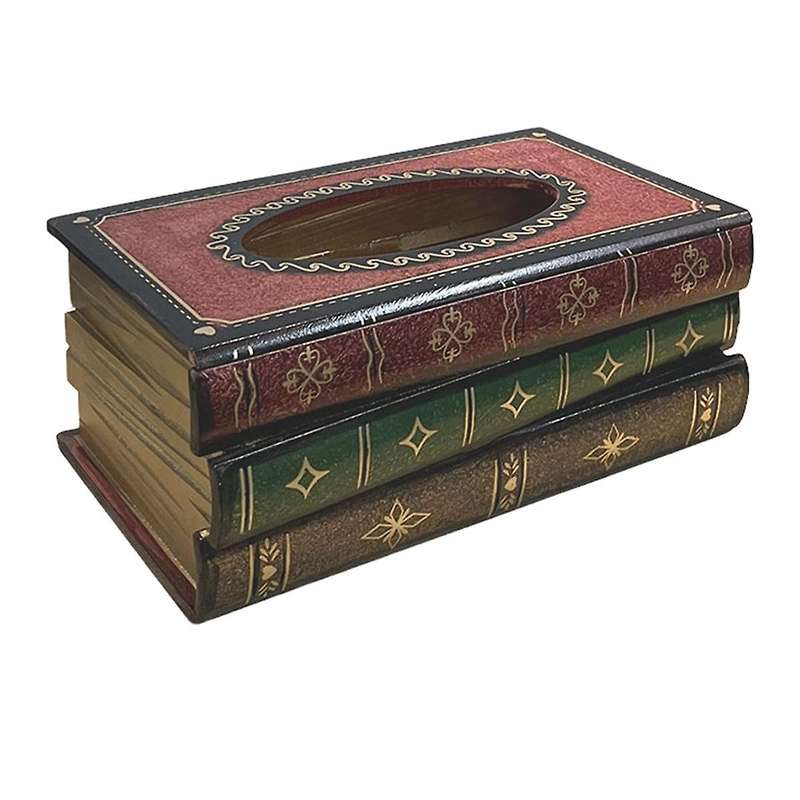 Vintage Stacked Books Design Solid Wood Tissue Box Holder Rectangular with Easy Refill Hinged Top,r