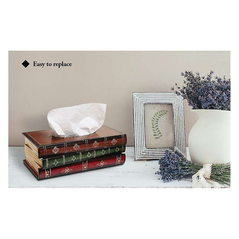 Vintage Stacked Books Design Solid Wood Tissue Box Holder Rectangular with Easy Refill Hinged Top,r