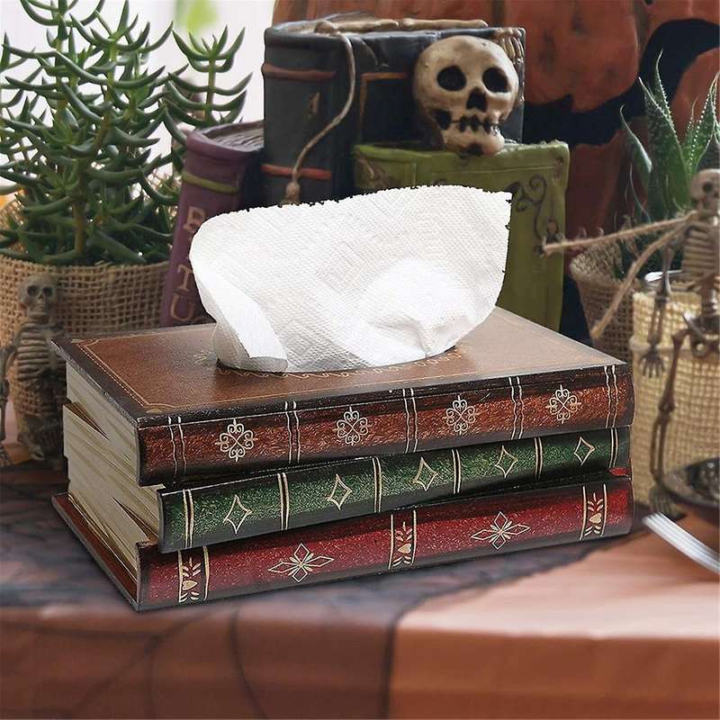 Vintage Stacked Books Design Solid Wood Tissue Box Holder Rectangular with Easy Refill Hinged Top,bl