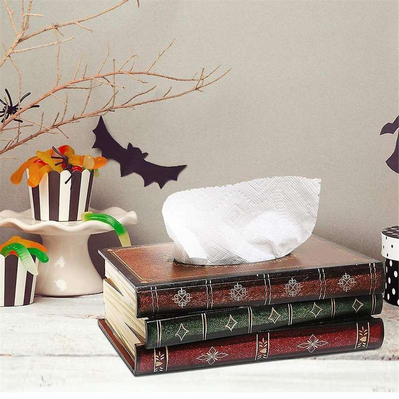 Vintage Stacked Books Design Solid Wood Tissue Box Holder Rectangular with Easy Refill Hinged Top,bl