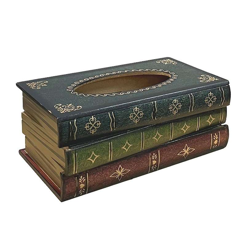 Vintage Stacked Books Design Solid Wood Tissue Box Holder Rectangular with Easy Refill Hinged Top,bl