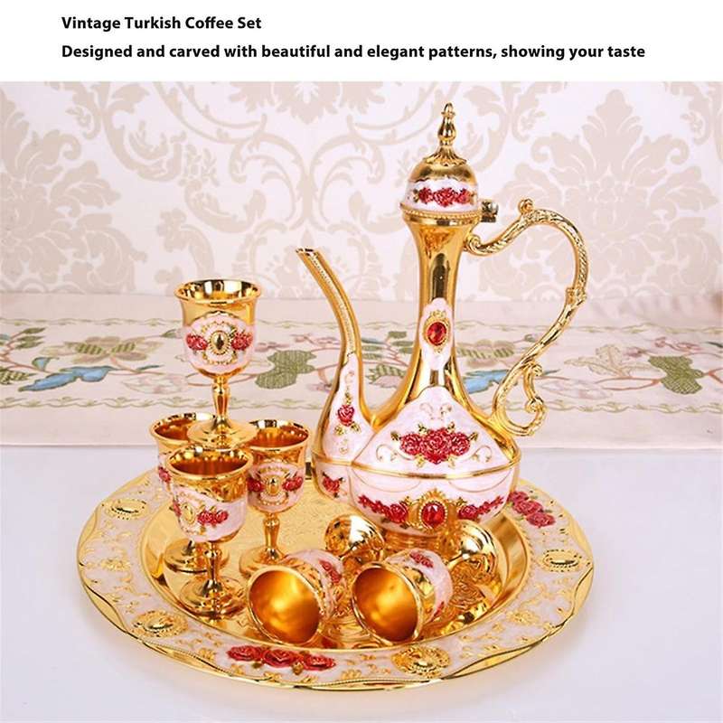 Vintage Turkish Coffee Set Zinc Alloy Tea Pot and Cups Elegant Ambience for Home Coffee Shop Decorat