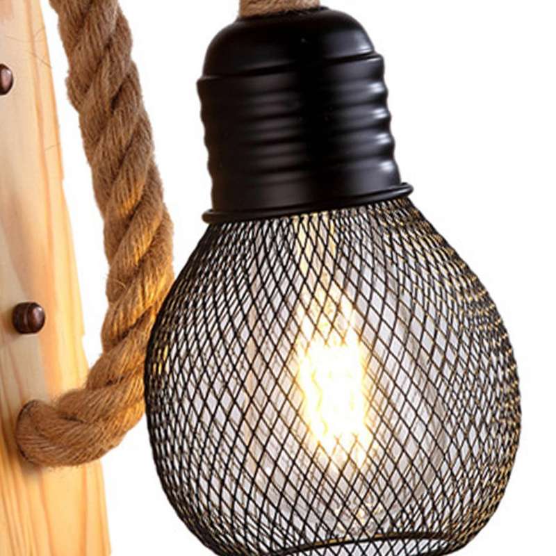 Vintage Wood Hemp Rope Wall Lamps Fixture Retro Hallway Bedside Loft Light Luminaire Industrial Deco