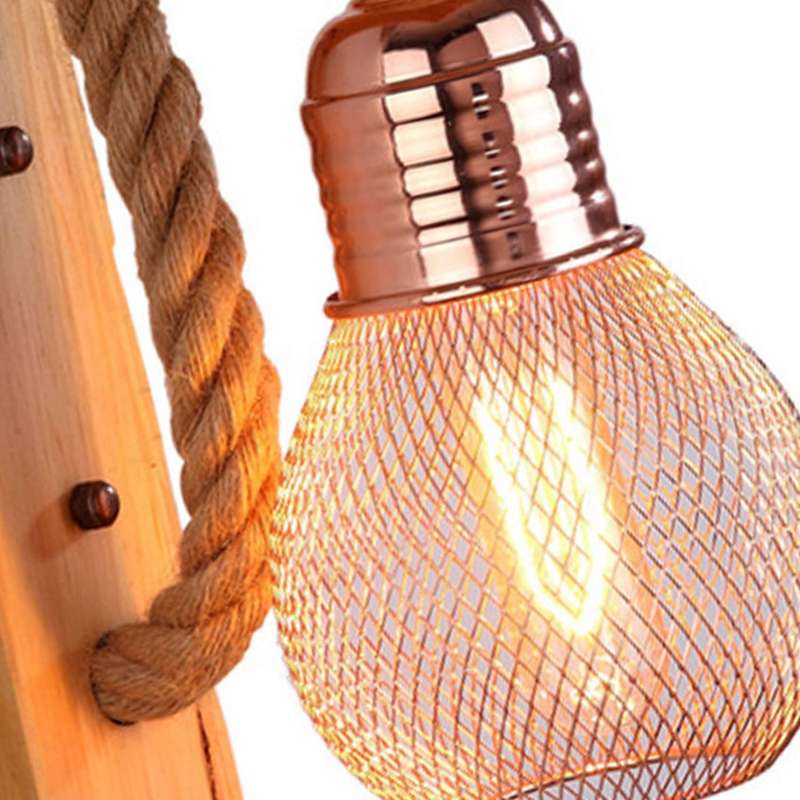 Vintage Wood Hemp Rope Wall Lamps Fixture Retro Hallway Bedside Loft Light Luminaire Industrial Deco