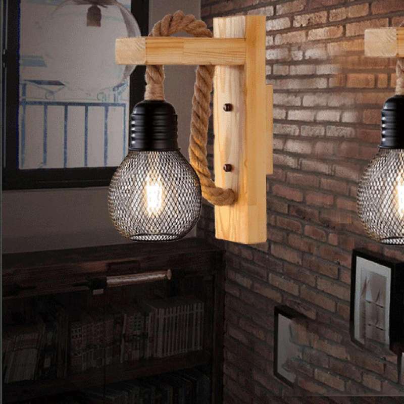 Vintage Wood Hemp Rope Wall Lamps Fixture Retro Hallway Bedside Loft Light Luminaire Industrial Deco