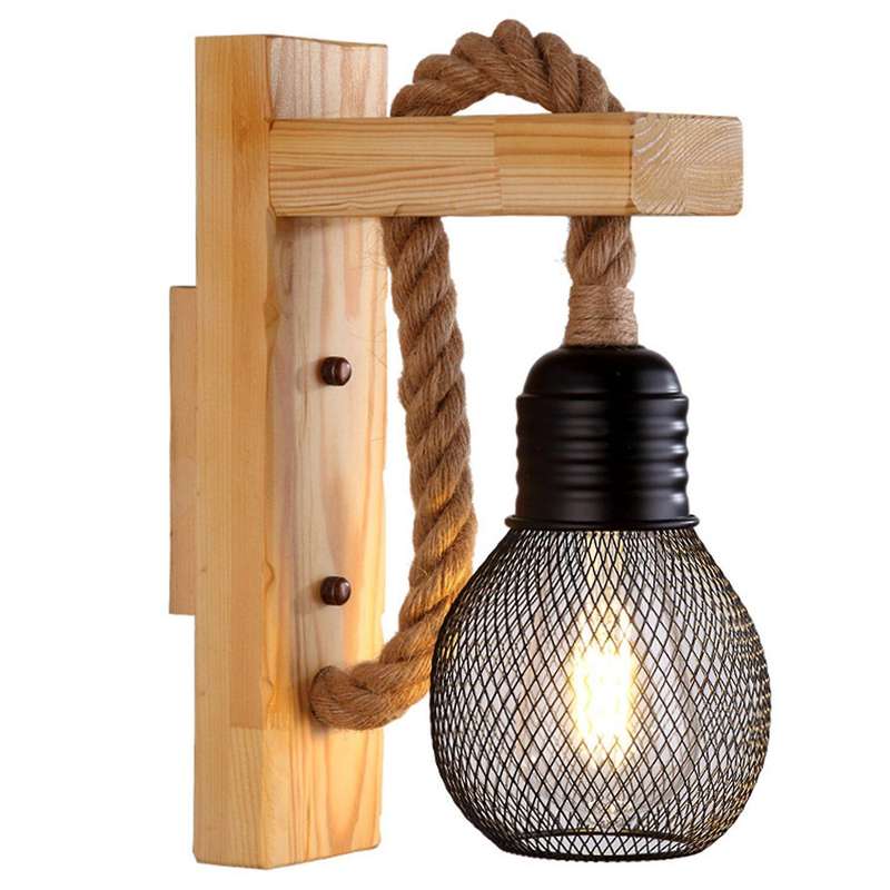 Vintage Wood Hemp Rope Wall Lamps Fixture Retro Hallway Bedside Loft Light Luminaire Industrial Deco