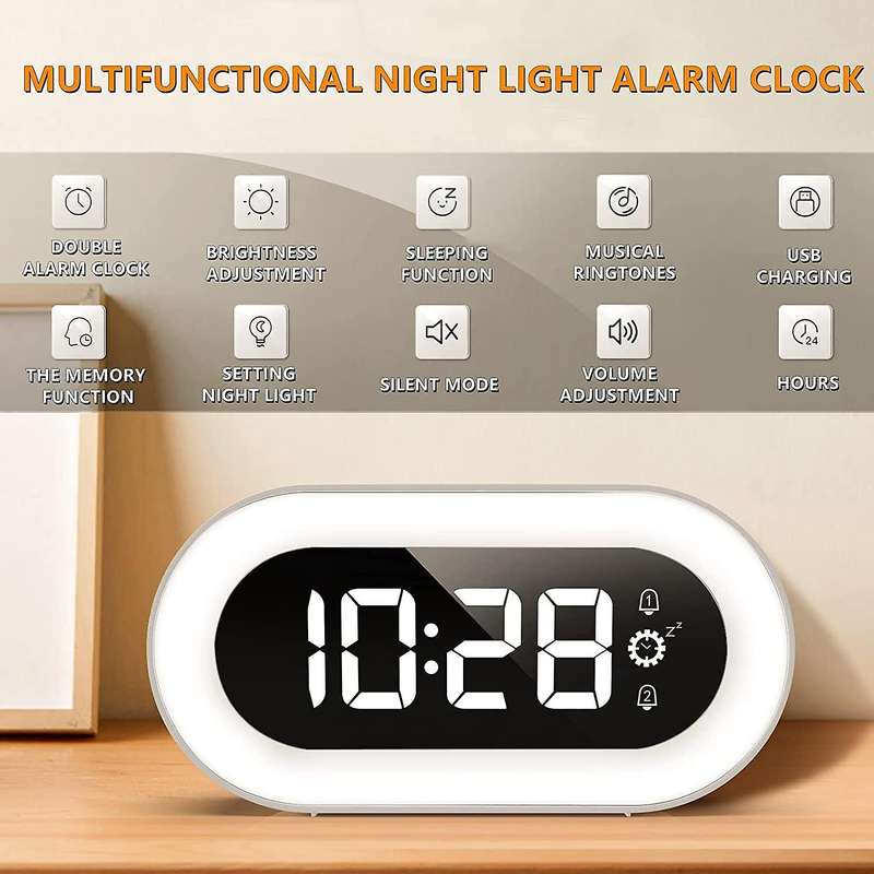 Digital Alarm Clock Night Light for Bedroom, Snooze Function (white)