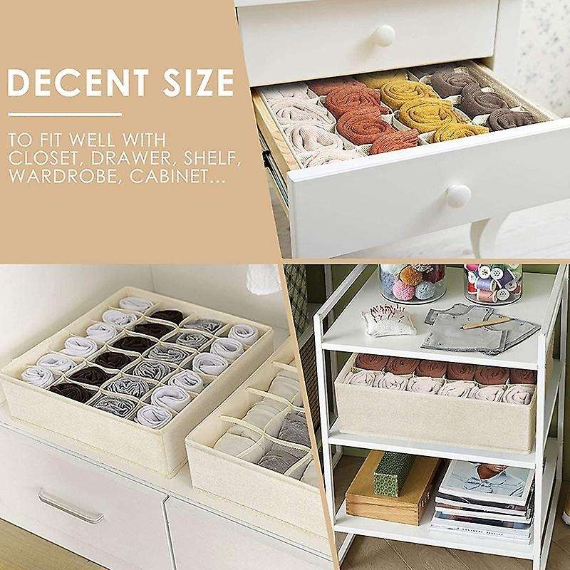 3 Pack Sock Organizer, 64 Cell Fabric Cabinet Storage Boxes Beige