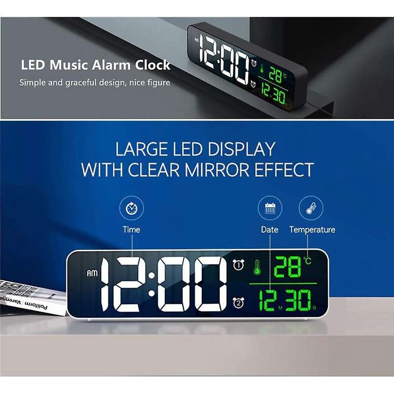 Digital Clock Led Screen Date &temp Display for Bedroom Bedside White