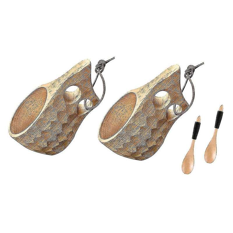 2pcs Wooden Cup Wooden Coffee with Wooden Spoon and Leather Lanyard