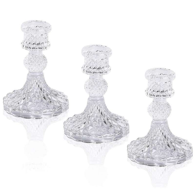 Glass Candle Holder, Taper Candlestick , Vintage Cut Crystal 3 Pieces