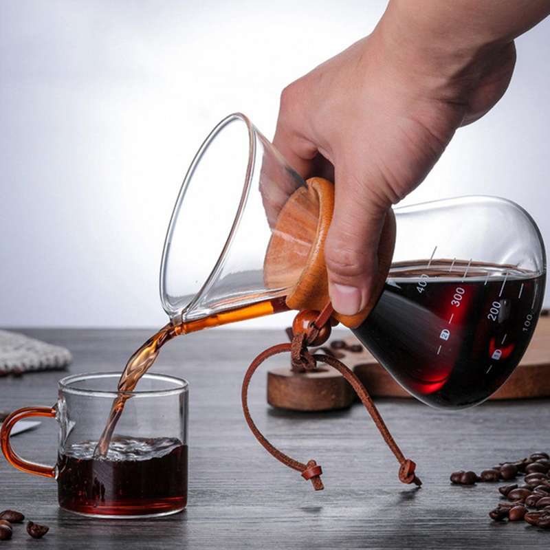 600ml Glass Coffee Kettle Stainless Filter Dripper Wooden Handle