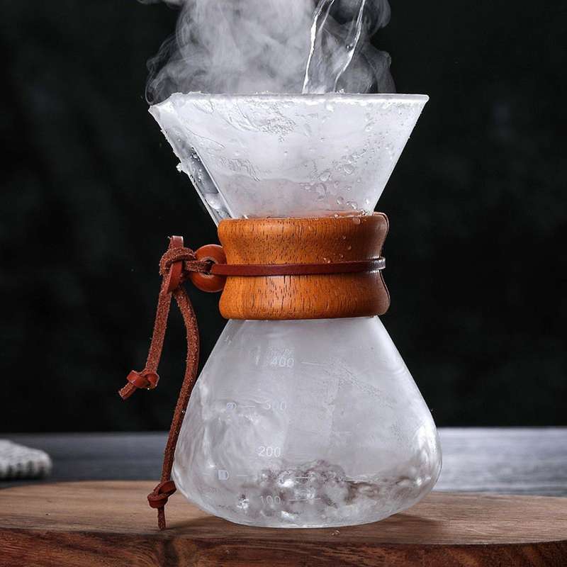 600ml Glass Coffee Kettle Stainless Filter Dripper Wooden Handle