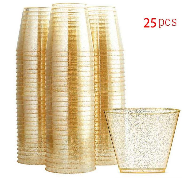 Gold Plastic Cups Clear Plastic Wine Glasses, for Party Cups 25pcs