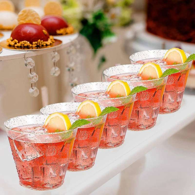 Gold Plastic Cups Clear Plastic Wine Glasses, for Party Cups 25pcs