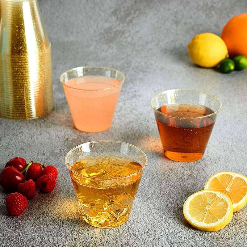 Gold Plastic Cups Clear Plastic Wine Glasses, for Party Cups 25pcs