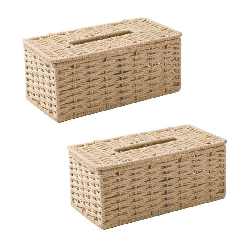 2x Rattan Tissue Box, Vintage Napkin Holder,desk Decoration (beige)