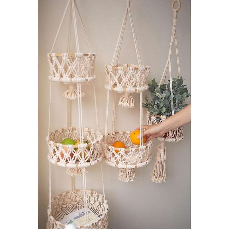 2 Tier Hanging Basket Fruit Storage Cotton Rope Hanging Plant Pot