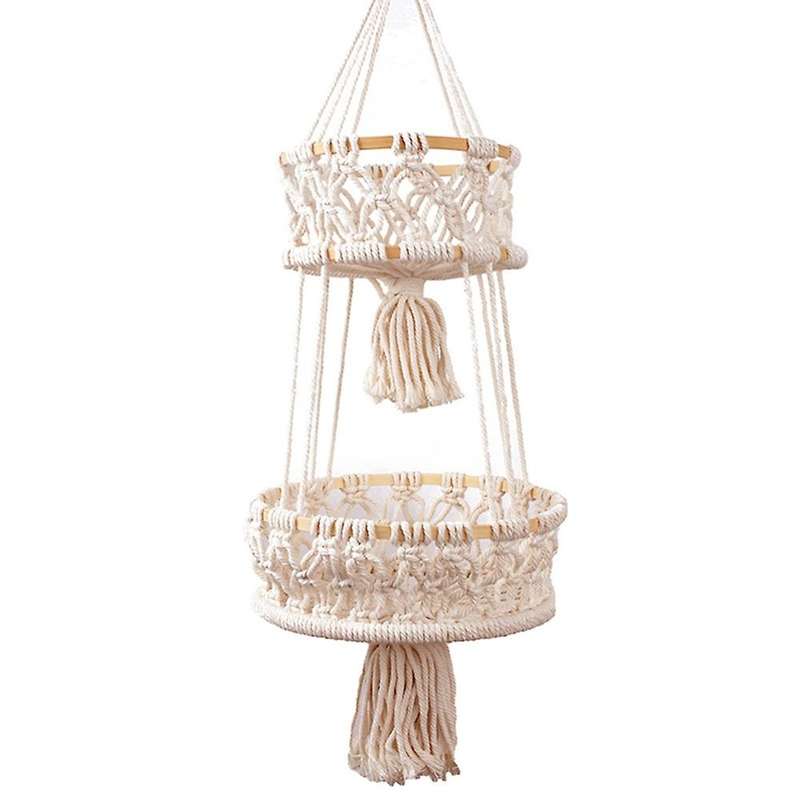 2 Tier Hanging Basket Fruit Storage Cotton Rope Hanging Plant Pot