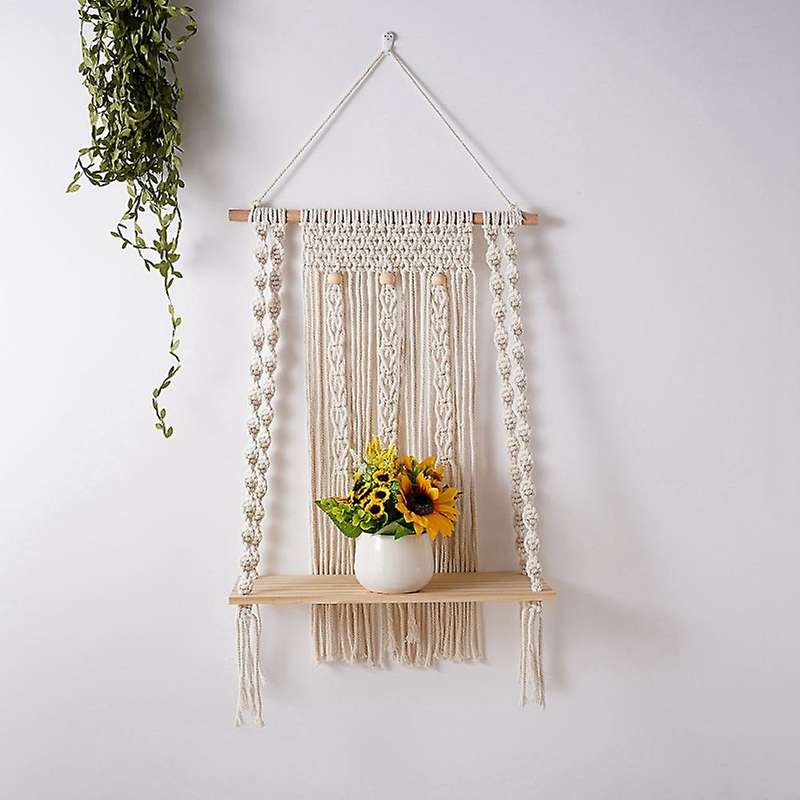 Boho Handmade Woven Macrame Wall Hanging Shelf Indoor Plant Rack