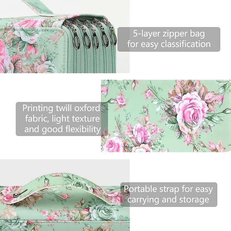 252 Slots Pencil Holder with Zipper Closure Twill Fabric , Green Rose