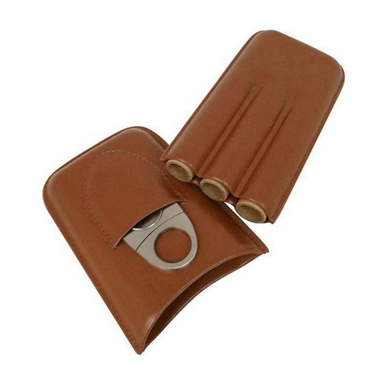 Three-finger Humidors Cigar Box Brown with Cigar Cutter - Brown