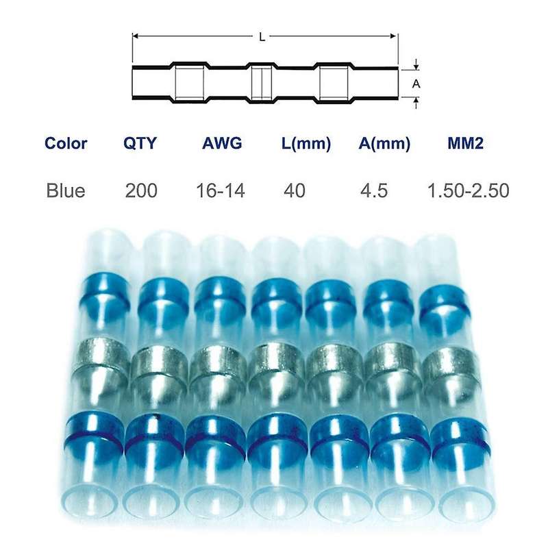 200pcs 16-14 Awg Blue Solder Seal Wire Connectors,butt Connectors