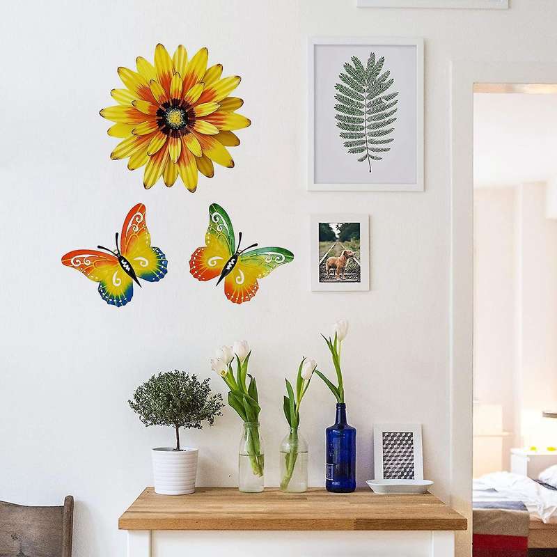 Set Of 3 Metal Butterfly and Flower Wall Decor, for Home Garden Yard