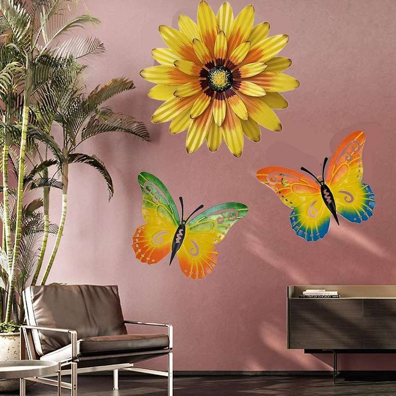 Set Of 3 Metal Butterfly and Flower Wall Decor, for Home Garden Yard