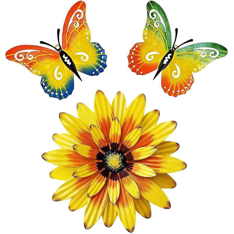 Set Of 3 Metal Butterfly and Flower Wall Decor, for Home Garden Yard