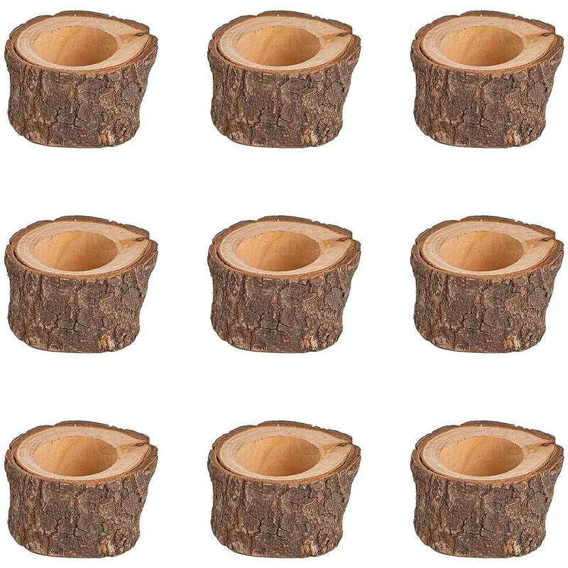 9 Pack Wood Tealight Candle Holders, Rustic Wedding Decorations