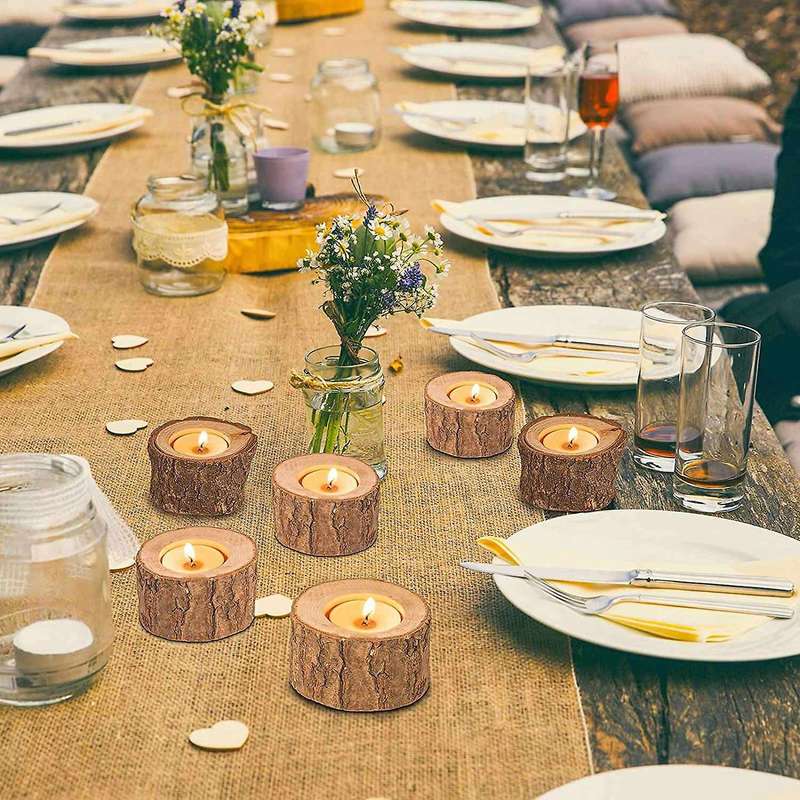 9 Pack Wood Tealight Candle Holders, Rustic Wedding Decorations