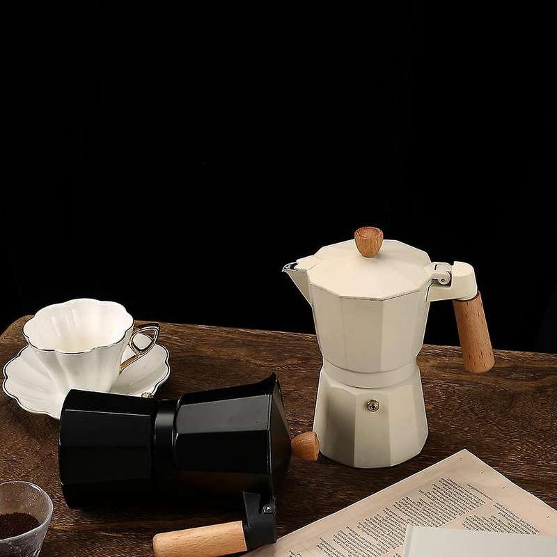 300ml Italian Wooden Handle Mocha Coffee Pot Aluminum Pot (black)