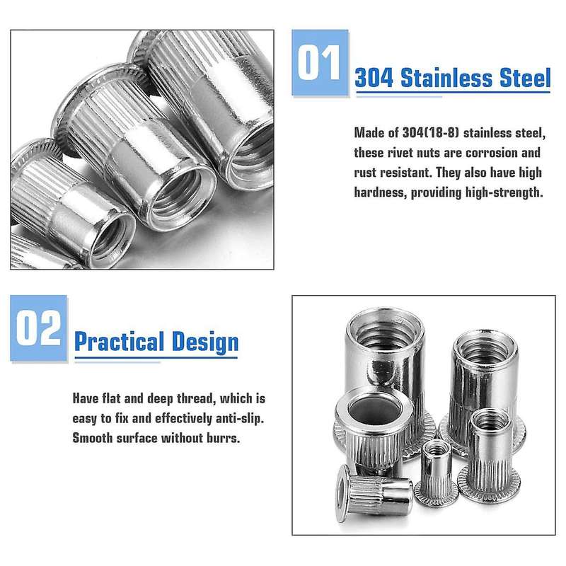 200pcs Stainless Steel Rivet Nuts Flat Head Threaded Insert Nutsert