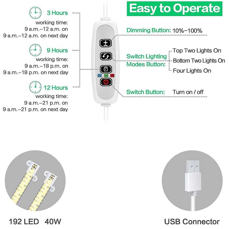 Grow Light Strips, for Indoor Plants with Auto On/off 3/9/12h Timer