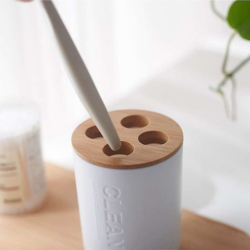 5pc Bamboo Bathroom Set Toilet Brush Holder Toothbrush Glass Cup Soap