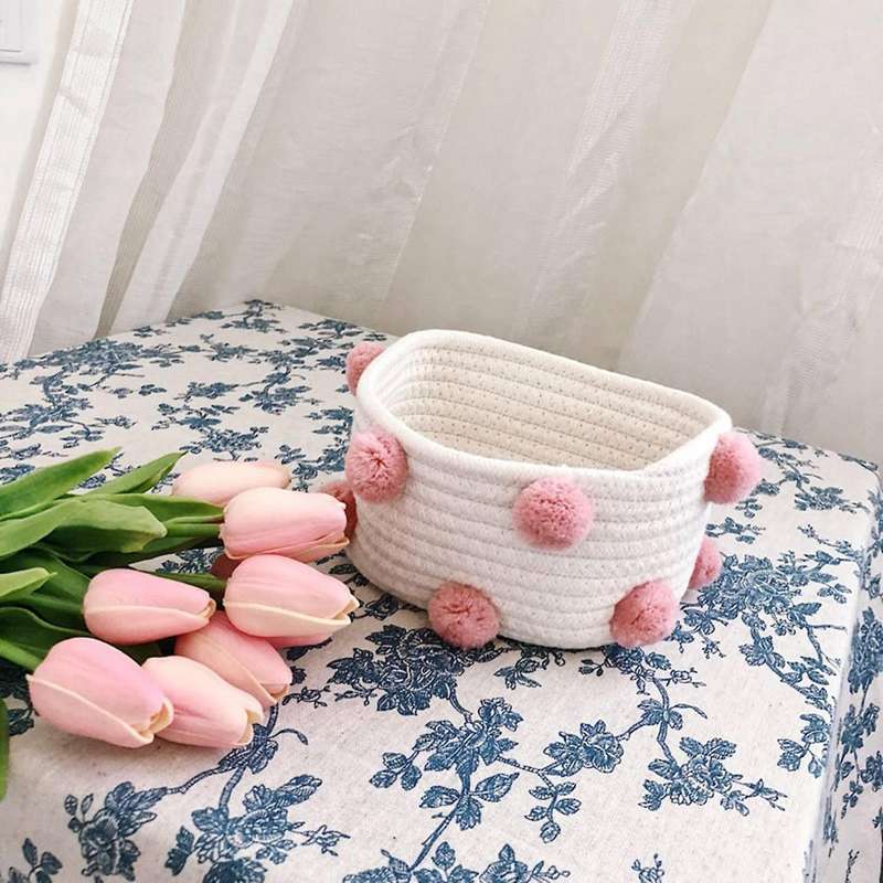 Cotton Woven Storage Basket Decor Sundries Finishing Box Pink S