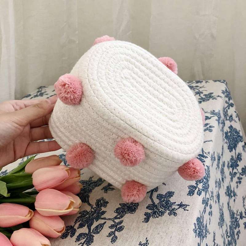 Cotton Woven Storage Basket Decor Sundries Finishing Box Pink S