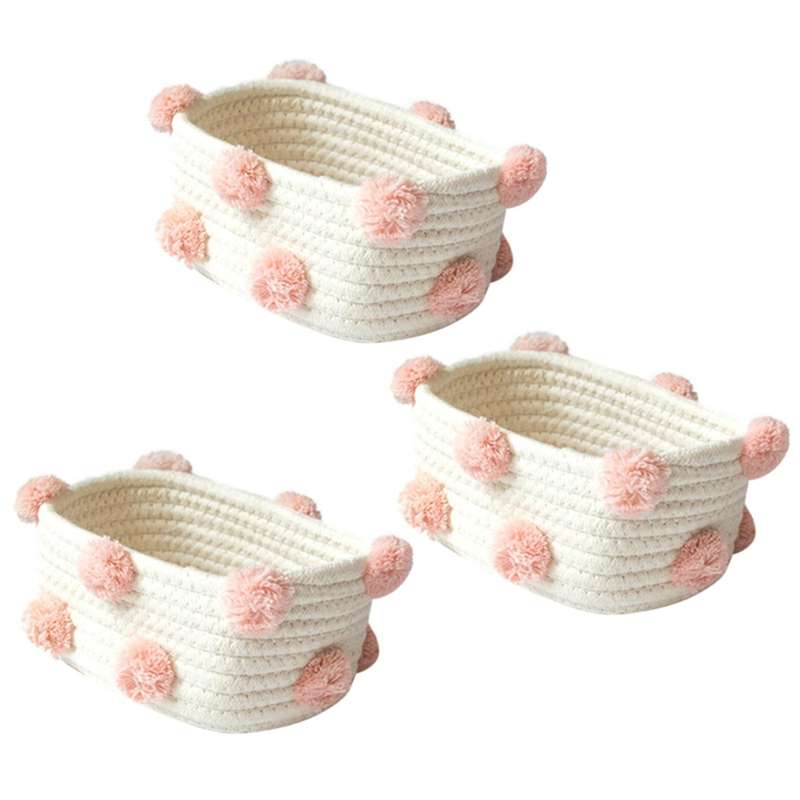 Cotton Woven Storage Basket Decor Sundries Finishing Box Pink S
