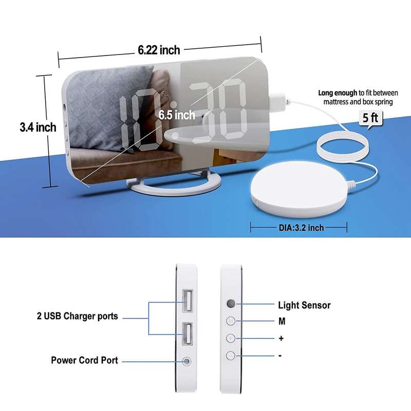 Digital Alarm Clock,vibration Alarm Clock,with 2 Usb Charging White