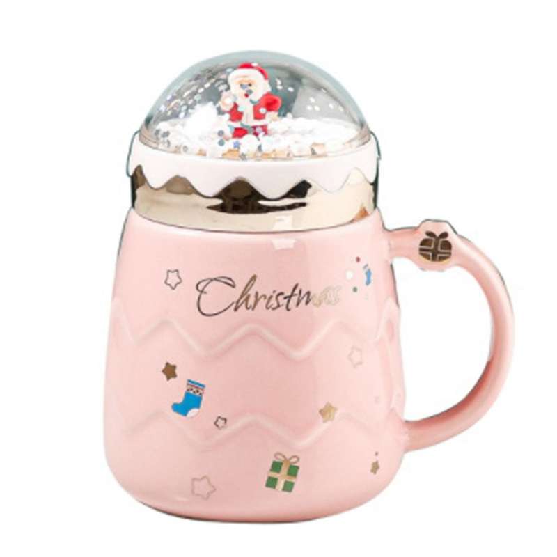 Christmas Mug Ceramic Figurines with Lid Home New Year Gift Pink