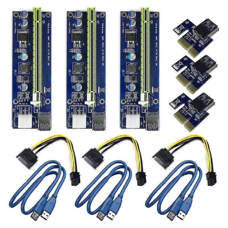 3pcs Pci-e 1x to 16x Enhanced Powered Riser Adapter Card Blue Ver009s