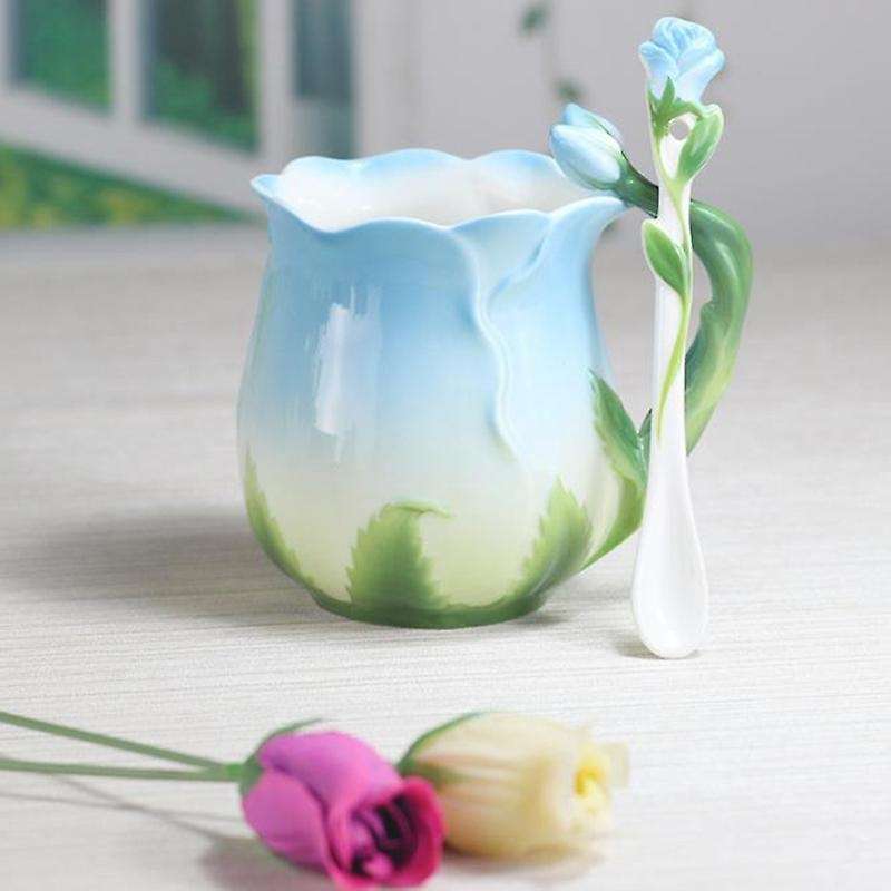 Ceramic Rose Flower Shape Teacups Breakfast Cups with Spoon-blue