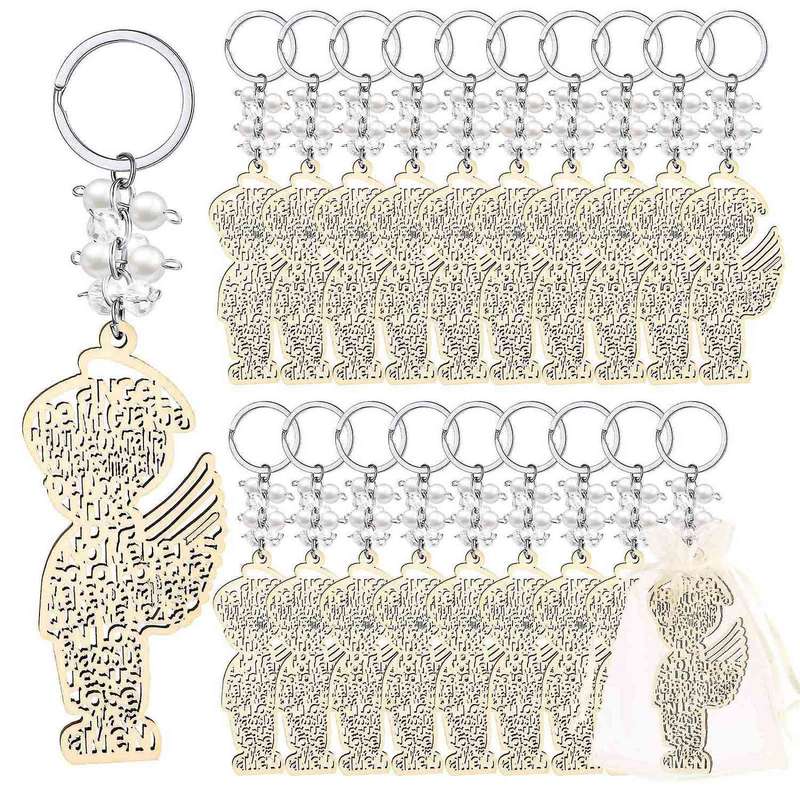 Wooden Baptism Key Rings Angel Keychain for Bridal Shower Baptism