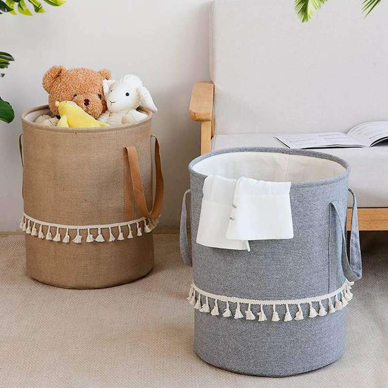 Foldable Braided Jute Cloth Basket Cotton Linen Dirty for Home Grey