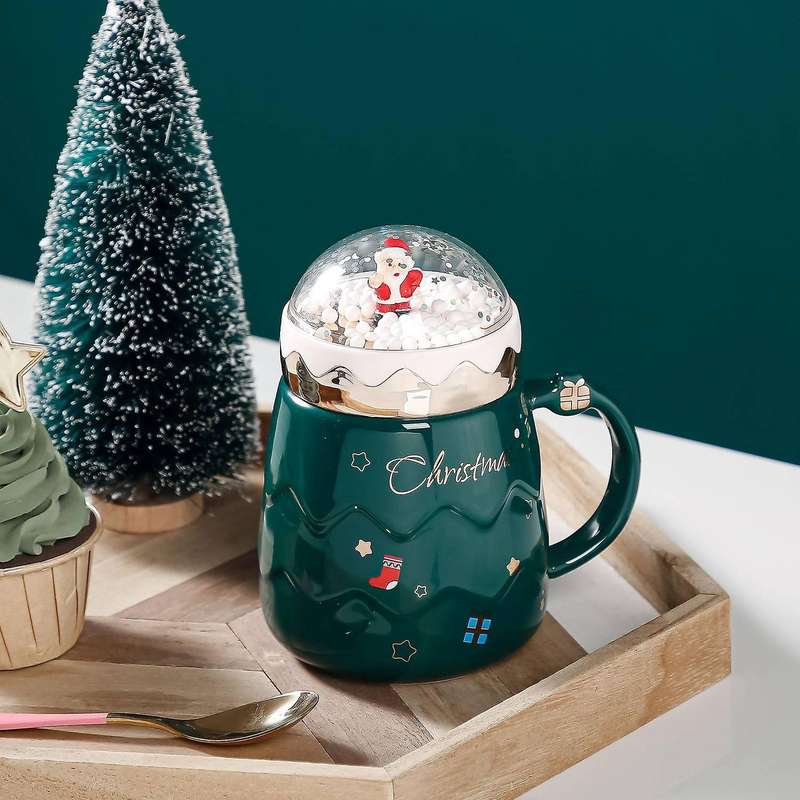 Christmas Mug Ceramic Figurines with Lid Home New Year Gift Green